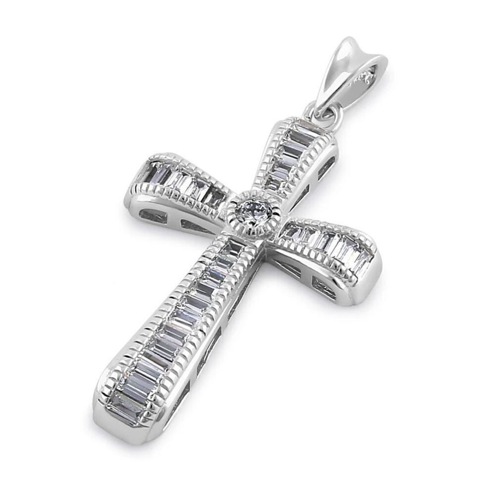 Sterling Silver Modern Cross Round and Rectangular Cut Clear CZ Necklace Pendant